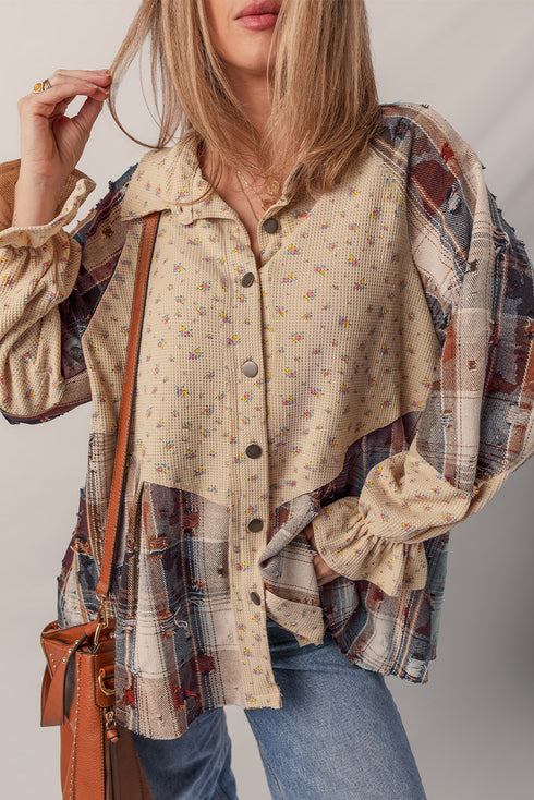 Boho Patchwork Plaid Waffle Knit Ruffled Sleeve Shackets